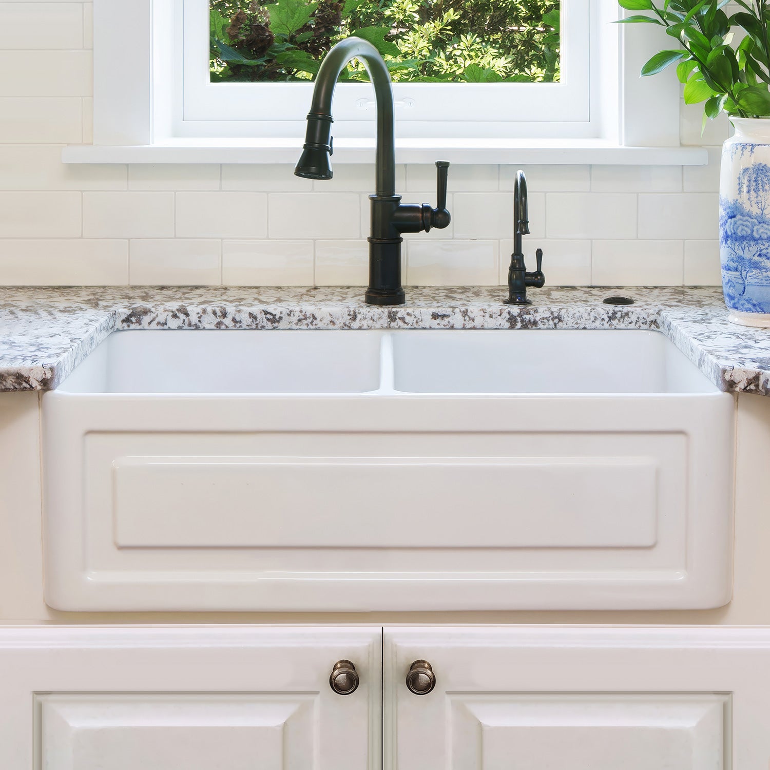 33" reversible double bowl fireclay kitchen sink: raised panel, fluted front apron