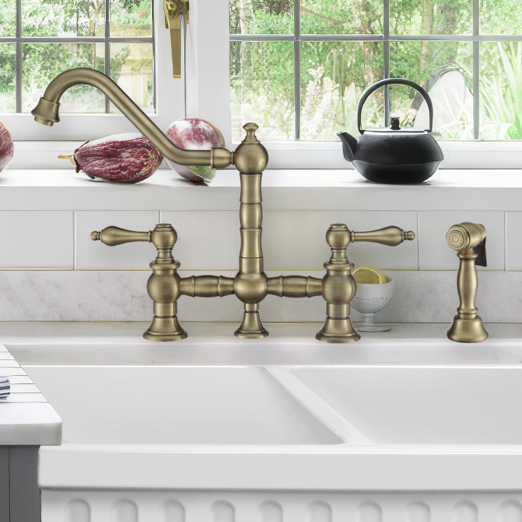 Bridge Faucet with Long Traditional Swivel Spout, Lever Handles