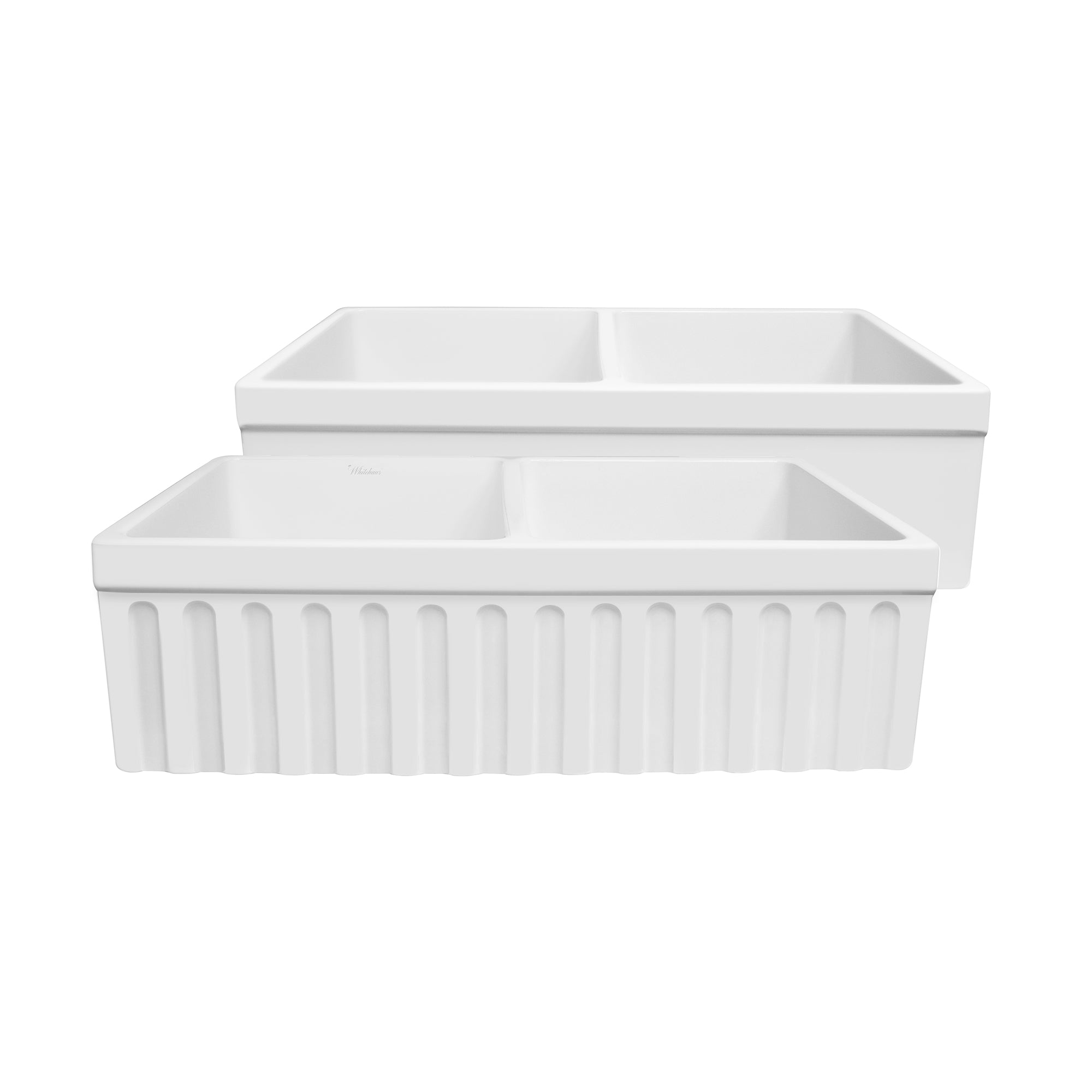 33" reversible double bowl fireclay kitchen sink: 2½” lip and fluted, 2” lip front apron