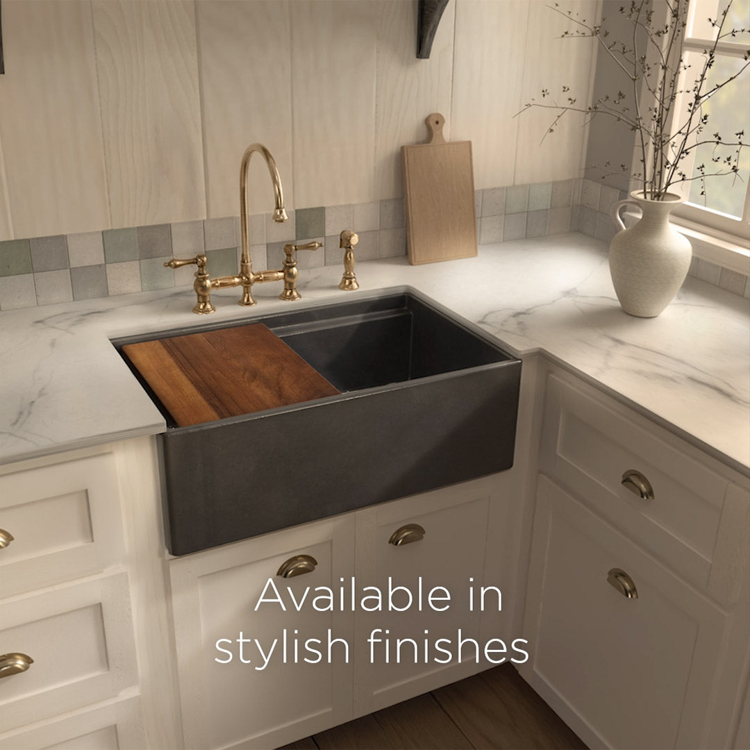 Load video: Front apron single bowl fireclay kitchen sinks with walnut wood cutting board and stainless steel grid