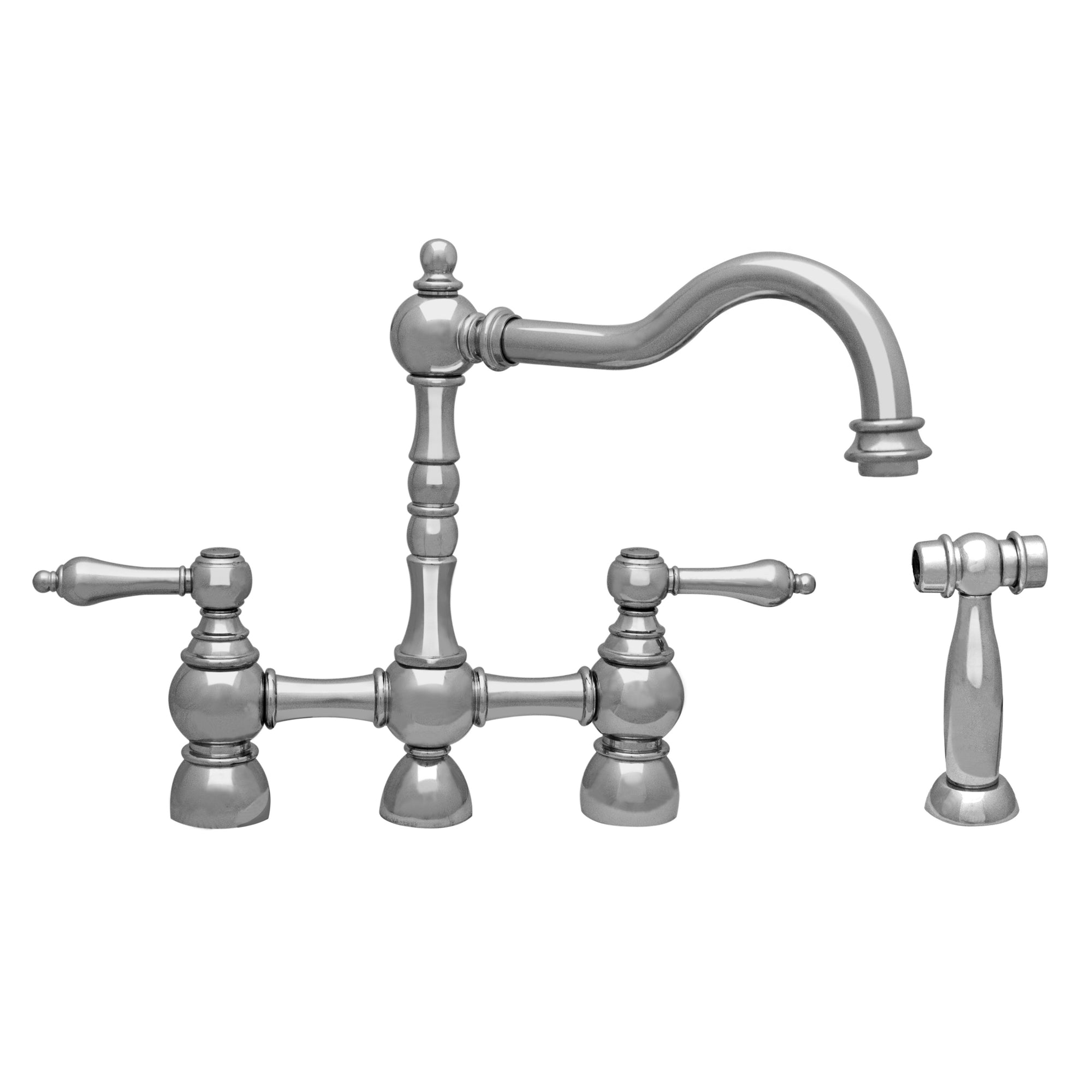 Englishhaus bridge faucet with long traditional swivel spout, solid lever handles and solid brass side spray