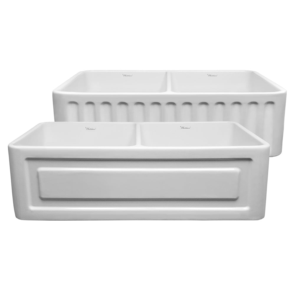 33" reversible double bowl fireclay kitchen sink: raised panel, fluted front apron