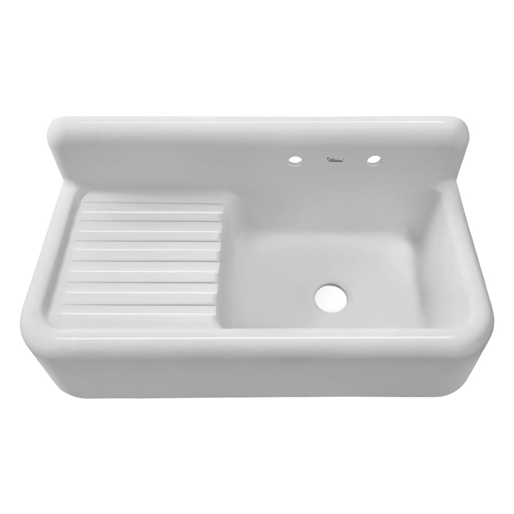 42" single bowl fireclay utility above mount sink: integral drain board, high backsplash