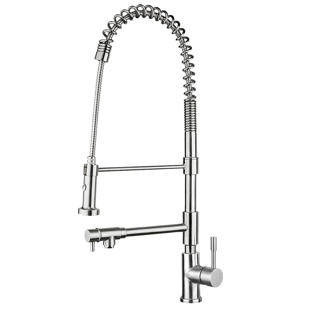 Lead Free, Solid Stainless Steel Commercial Faucet with Flexible Pull Down Spray Head, Swivel Support Bar & Two Control Levers