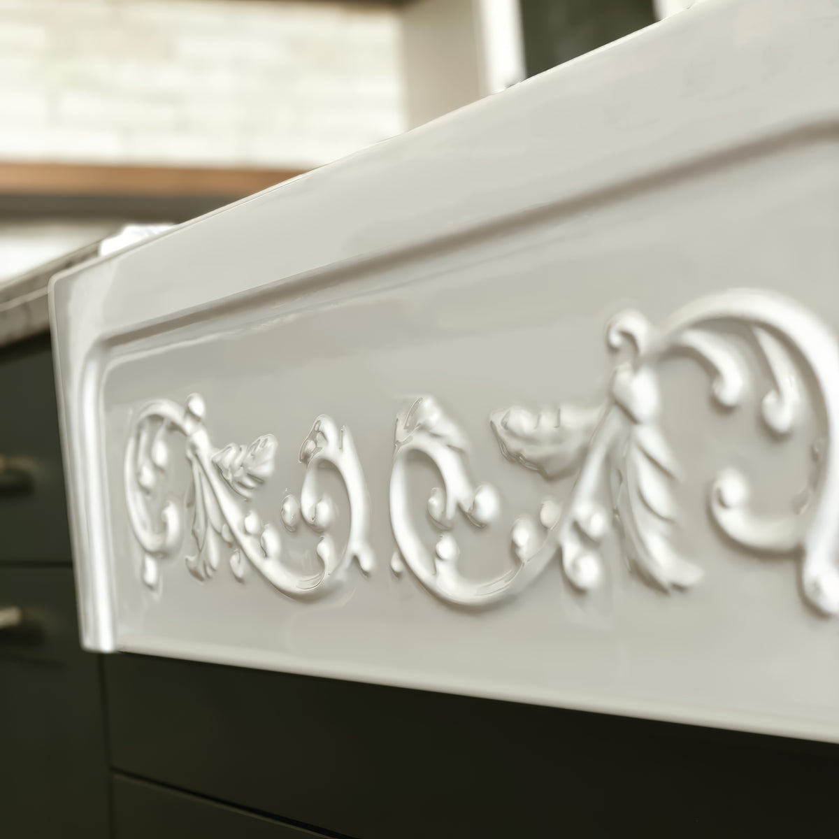 33&quot; reversible single bowl fireclay kitchen sink: Roman vine, beveled front apron