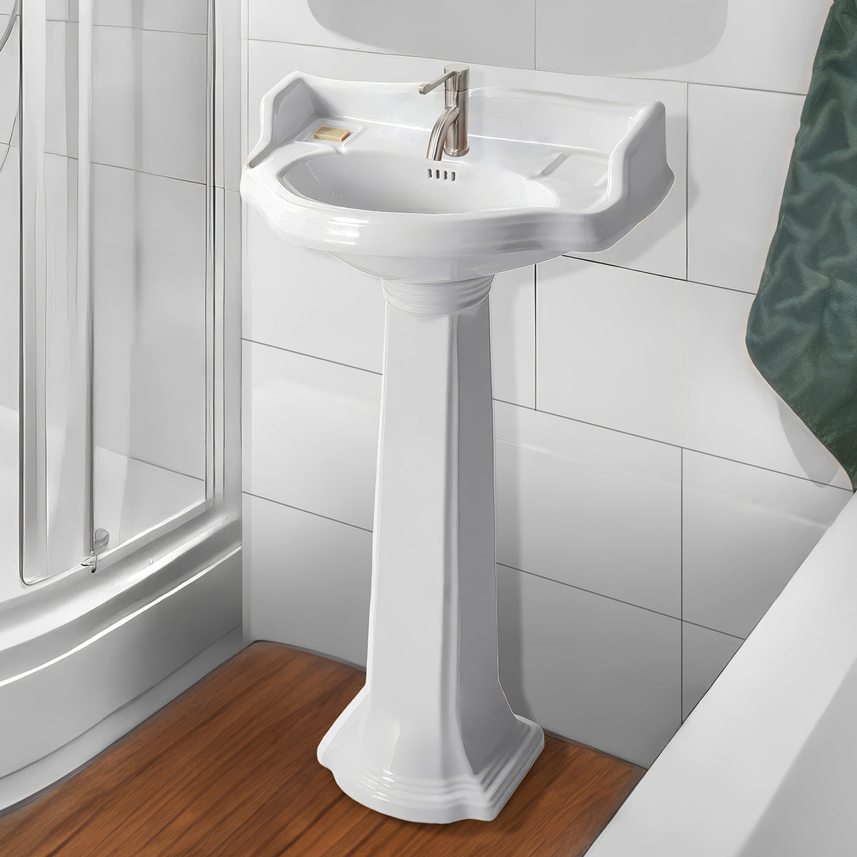 23&quot; Traditional Pedestal with an Integrated small oval bowl, Backsplash, Dual Soap Ledges, and Decorative Trim