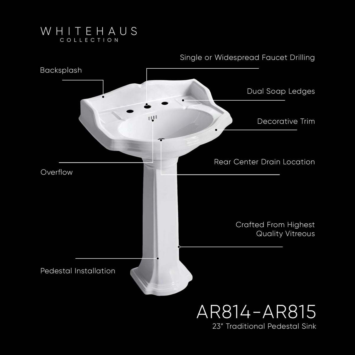 23&quot; Traditional Pedestal with an Integrated small oval bowl, Backsplash, Dual Soap Ledges, and Decorative Trim