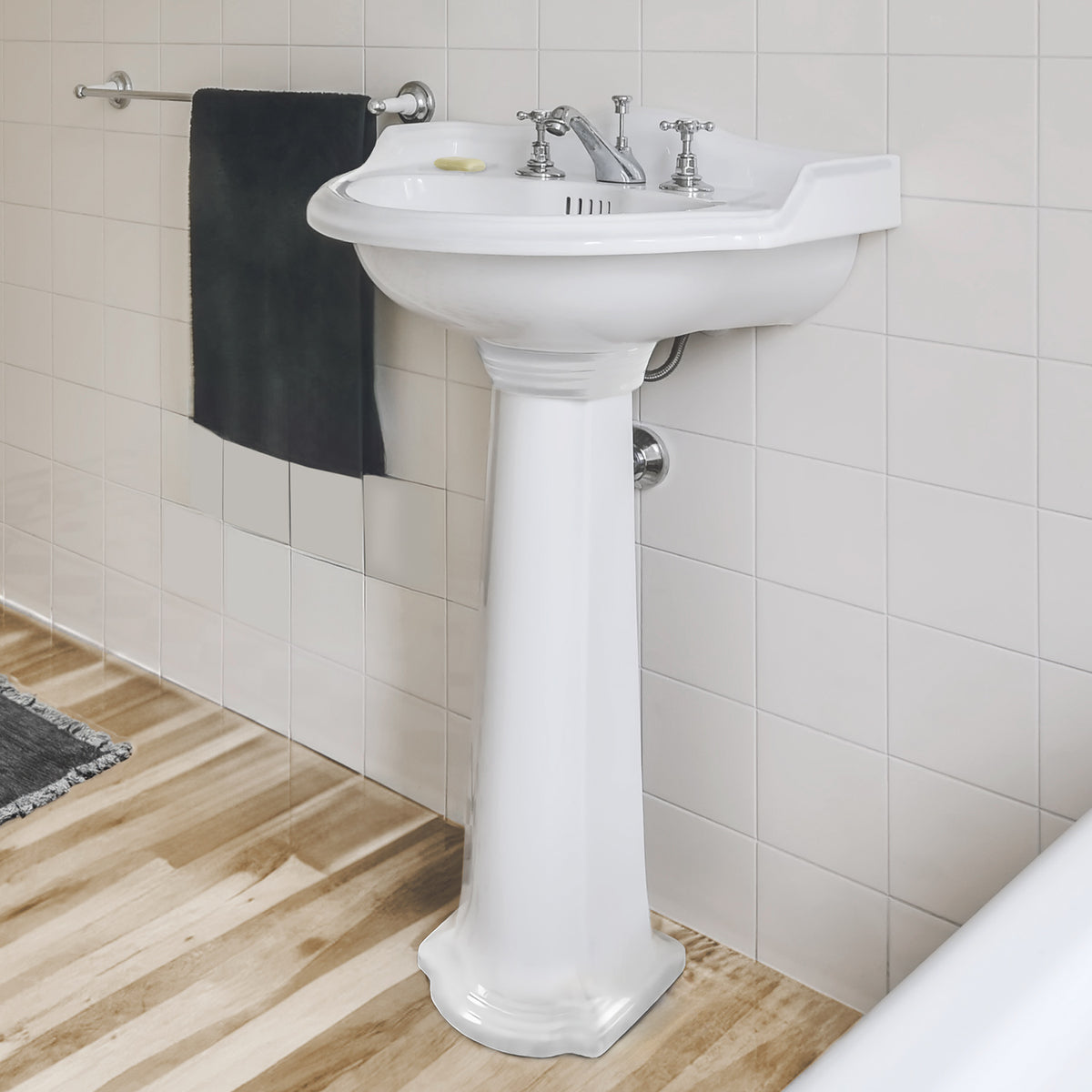 23&quot; Traditional Pedestal with an Integrated small oval bowl, Backsplash, Dual Soap Ledges, and Decorative Trim