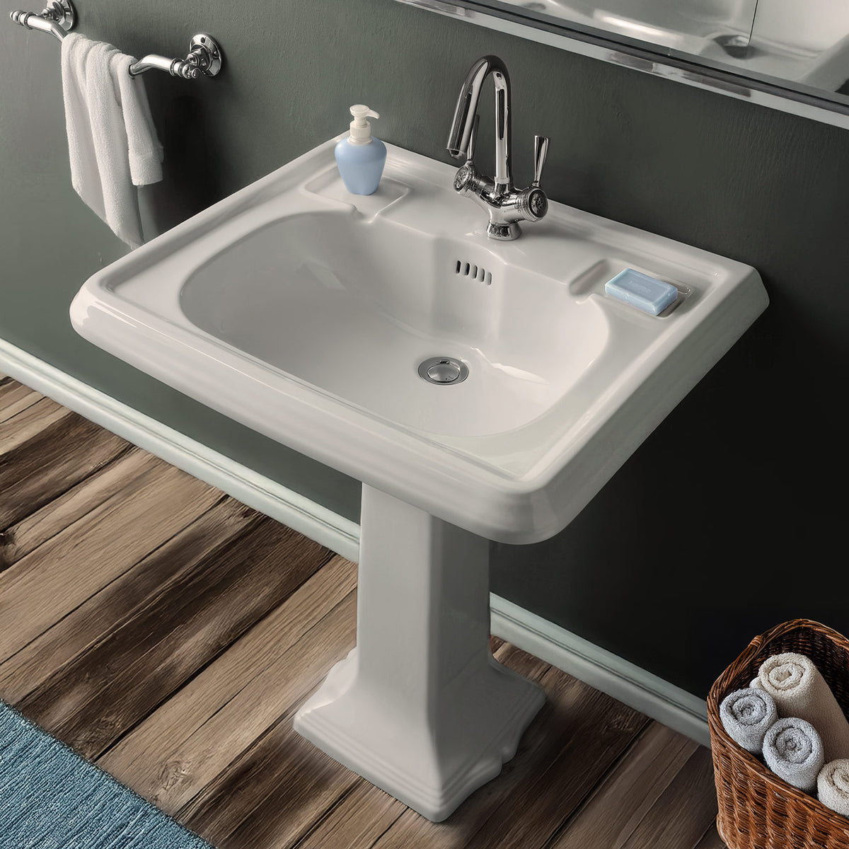 29&quot; Traditional Pedestal Sink with Large Rectangular Bowl, Dual Soap Ledges, Overflow Control Rim and Overflow