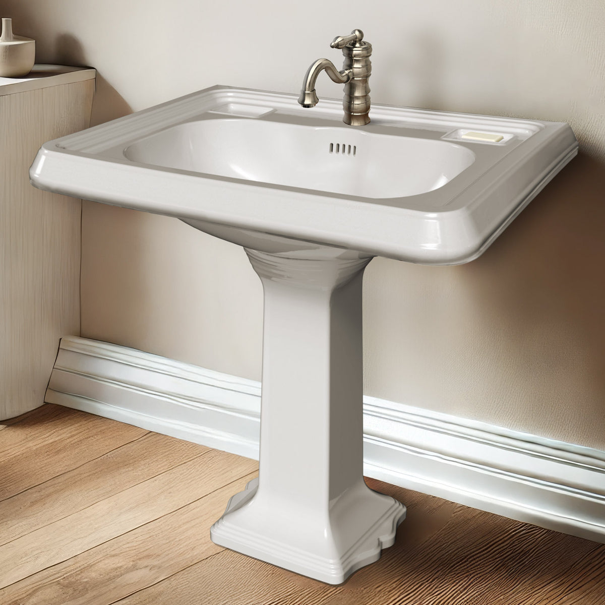 29&quot; Traditional Pedestal Sink with Large Rectangular Bowl, Dual Soap Ledges, Overflow Control Rim and Overflow