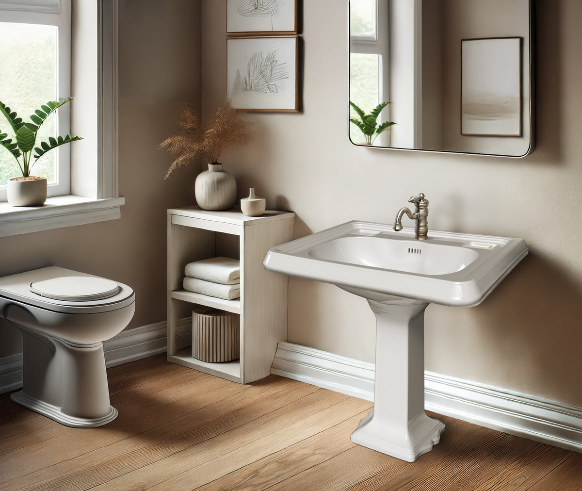 29&quot; Traditional Pedestal Sink with Large Rectangular Bowl, Dual Soap Ledges, Overflow Control Rim and Overflow