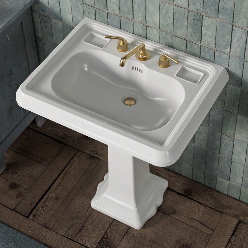 29" Traditional Pedestal Sink with Large Rectangular Bowl, Dual Soap Ledges, Overflow Control Rim and Overflow