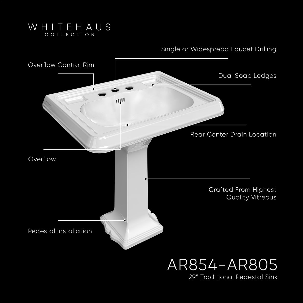 29&quot; Traditional Pedestal Sink with Large Rectangular Bowl, Dual Soap Ledges, Overflow Control Rim and Overflow