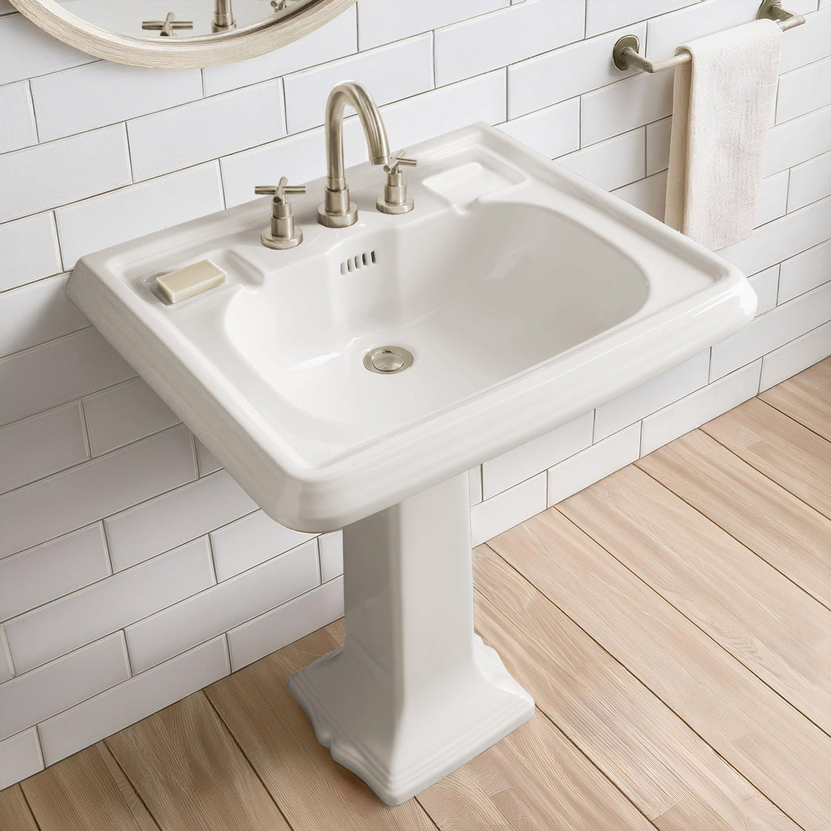 29&quot; Traditional Pedestal Sink with Large Rectangular Bowl, Dual Soap Ledges, Overflow Control Rim and Overflow