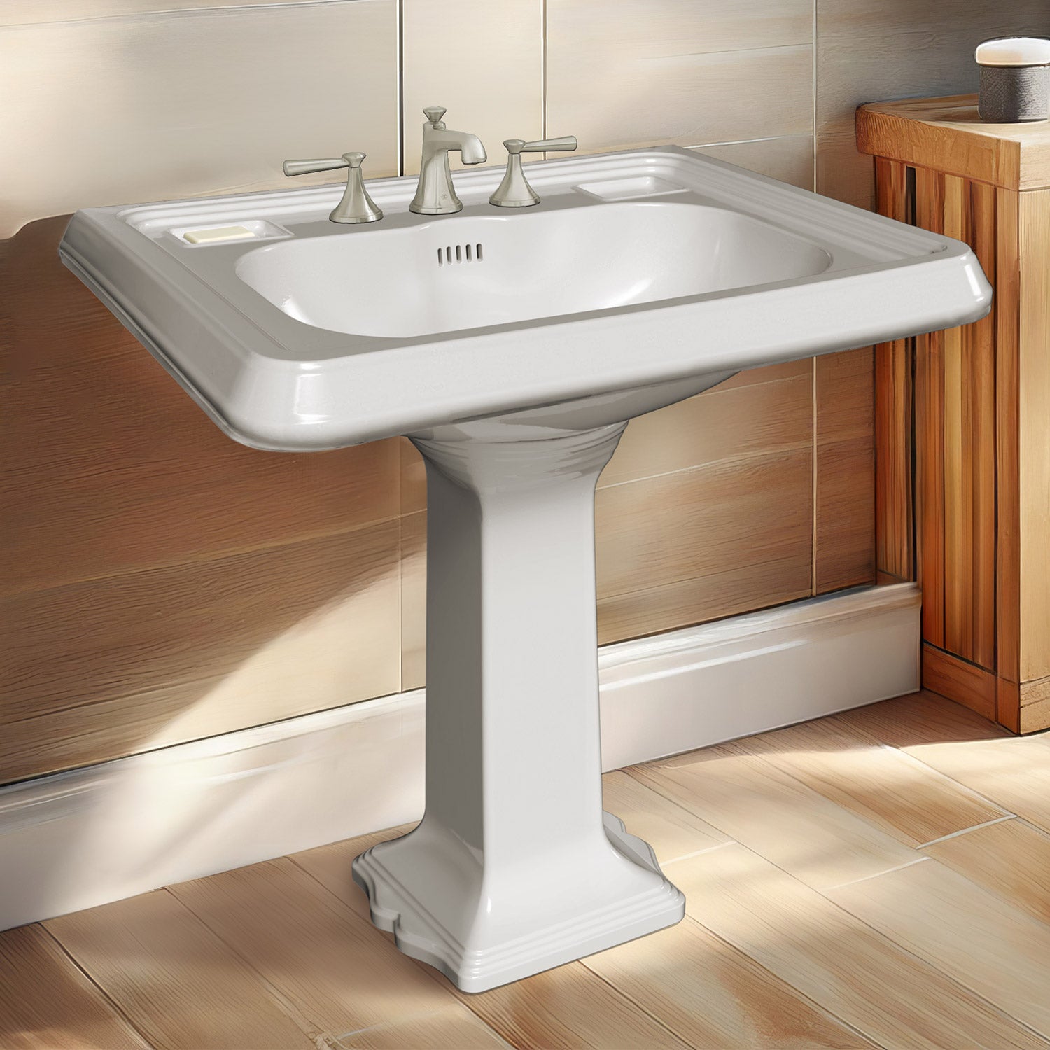 29" Traditional Pedestal Sink with Large Rectangular Bowl, Dual Soap Ledges, Overflow Control Rim and Overflow