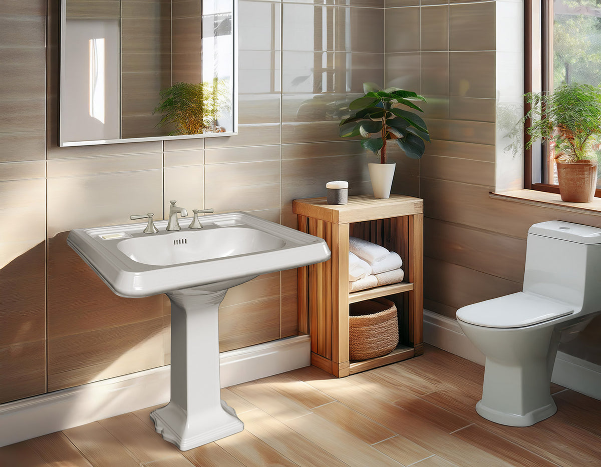 29&quot; Traditional Pedestal Sink with Large Rectangular Bowl, Dual Soap Ledges, Overflow Control Rim and Overflow