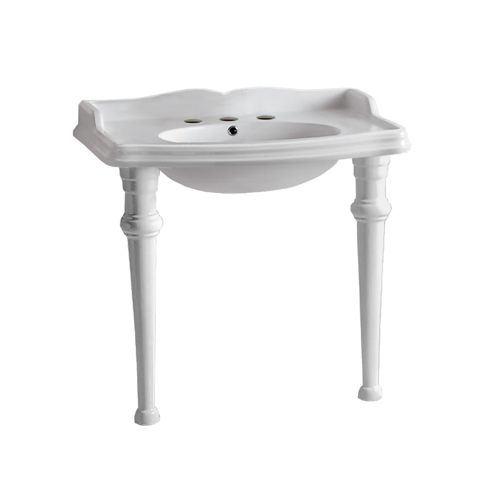 Rectangular Console Sink With Integrated Oval Bowl, Backsplash, Ceramic Leg Support and Overflow