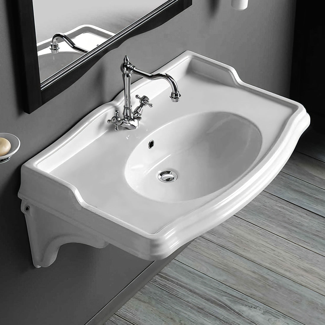 Large Traditional Wall Mount Basin with Integrated Oval Bowl and Ceramic Shelf Supports