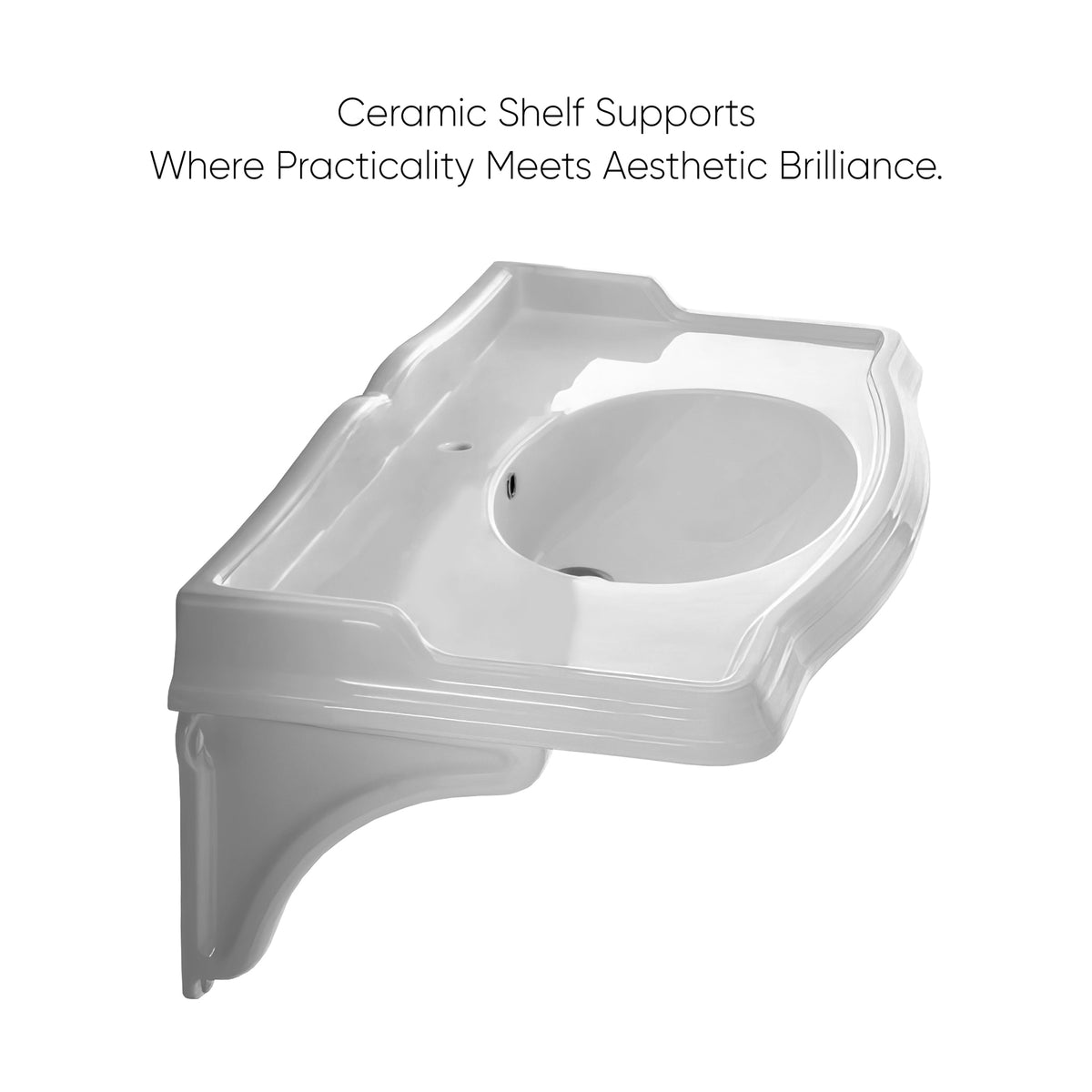 Large Traditional Wall Mount Basin with Integrated Oval Bowl and Ceramic Shelf Supports