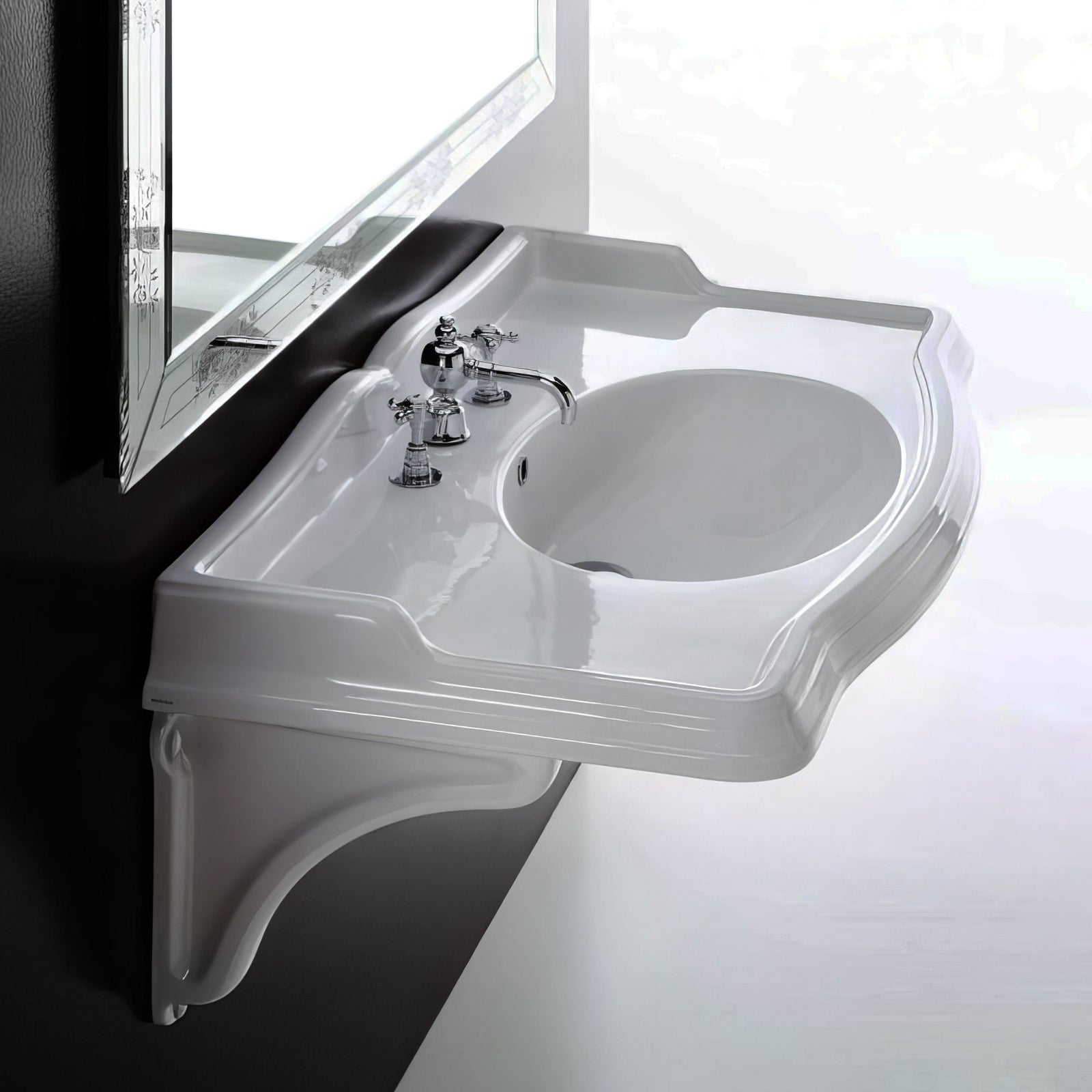 Large Traditional Wall Mount Basin with Integrated Oval Bowl and Ceramic Shelf Supports