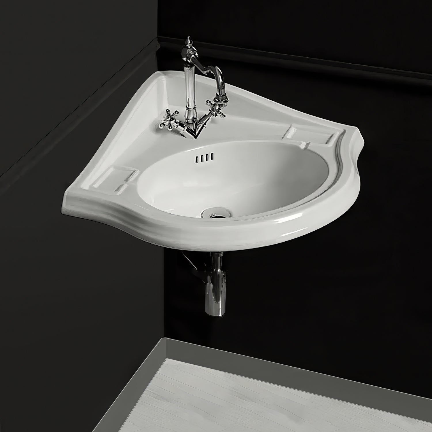 29" Corner Wall Mount Basin with Oval bowl, Backsplash, and Dual Soap Ledges