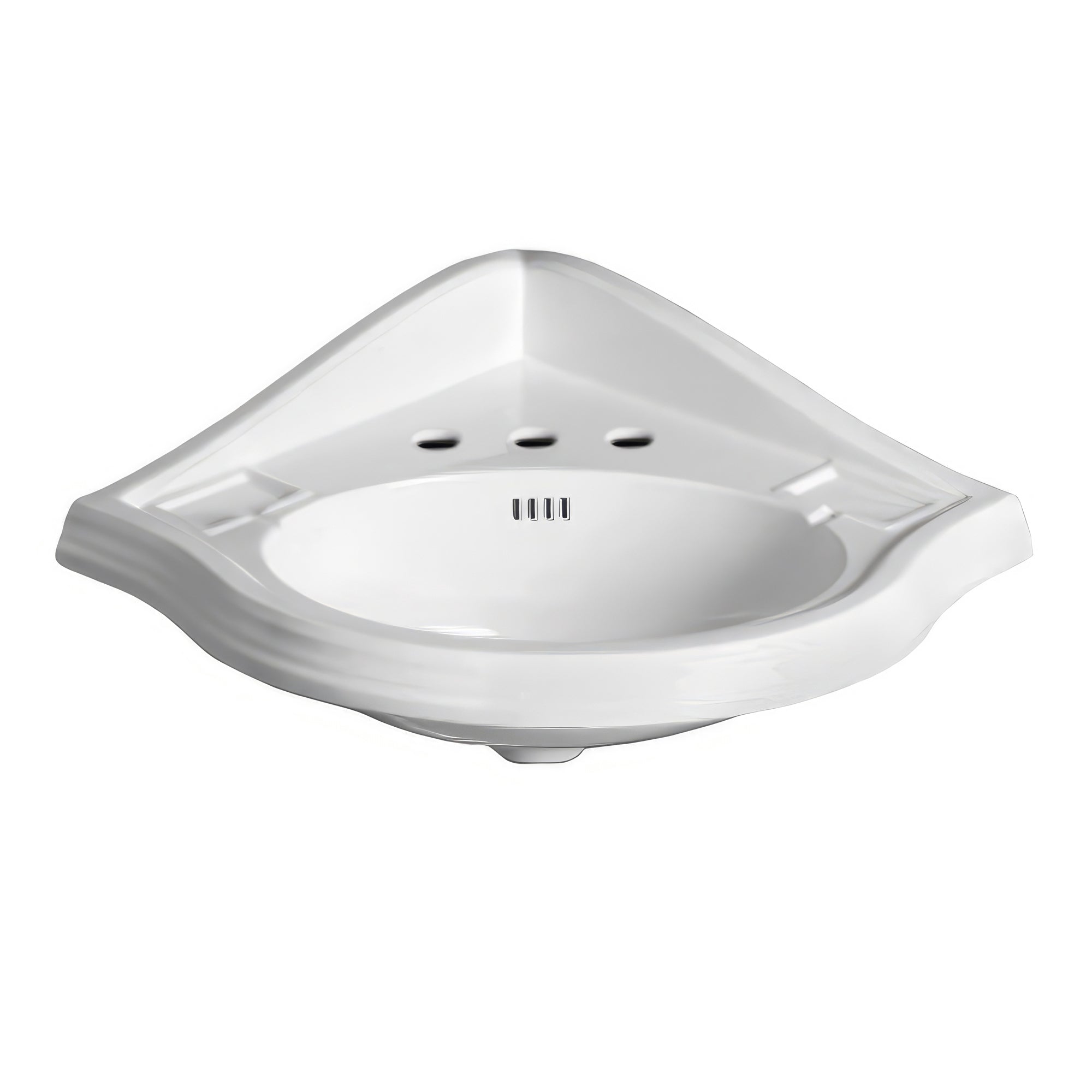 29" Corner Wall Mount Basin with Oval bowl, Backsplash, and Dual Soap Ledges