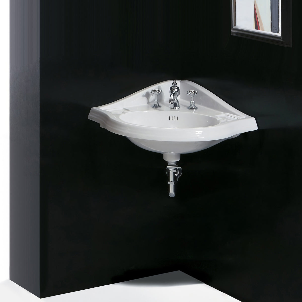 29&quot; Corner Wall Mount Basin with Oval bowl, Backsplash, and Dual Soap Ledges