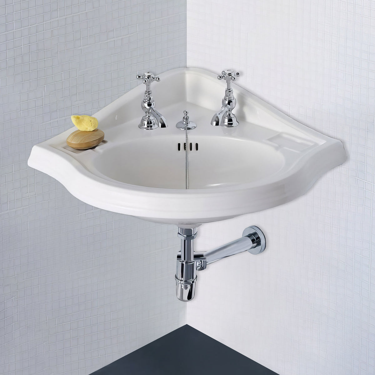 29&quot; Corner Wall Mount Basin with Oval bowl, Backsplash, and Dual Soap Ledges