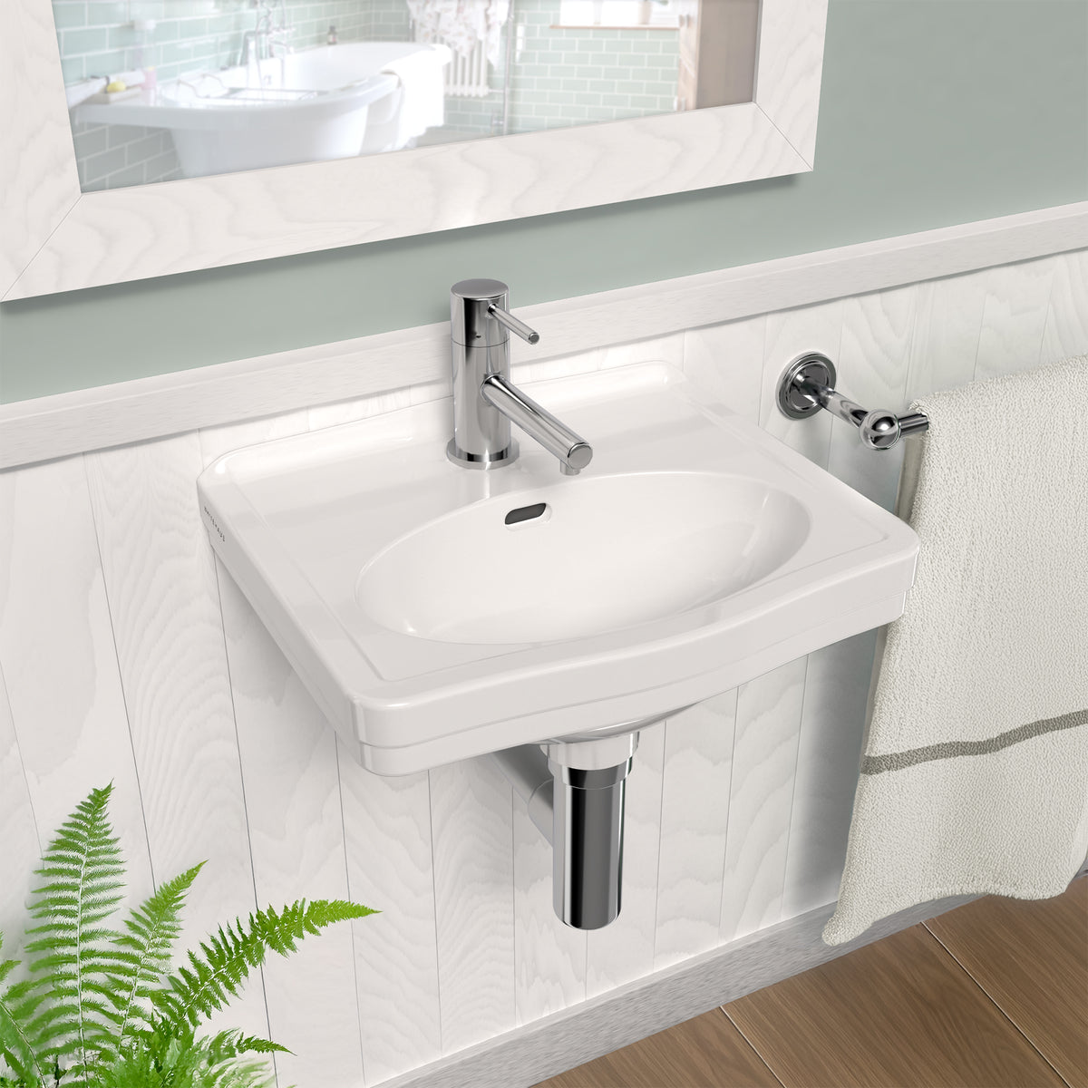 15&quot; Rectangular Wall Mount Basin with Integrated Oval Bowl, Low-Rise Backsplash, Single Faucet Drilling and Overflow