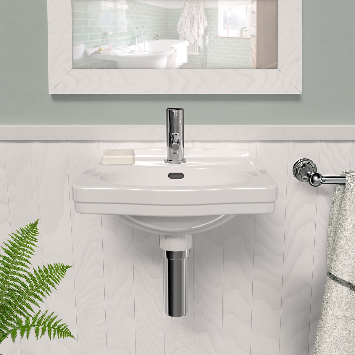 15&quot; Rectangular Wall Mount Basin with Integrated Oval Bowl, Low-Rise Backsplash, Single Faucet Drilling and Overflow