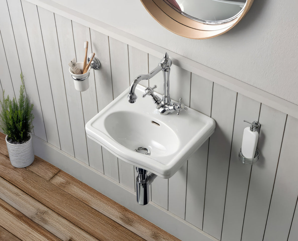 15&quot; Rectangular Wall Mount Basin with Integrated Oval Bowl, Low-Rise Backsplash, Single Faucet Drilling and Overflow