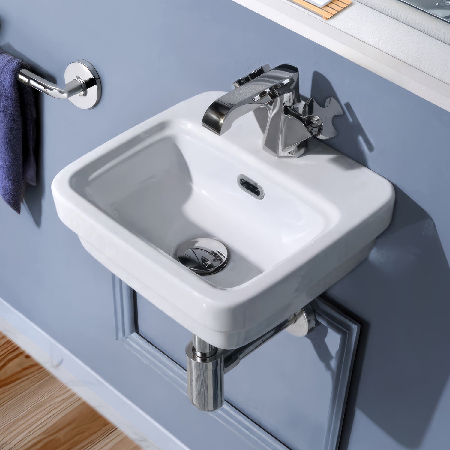 Rectangular Wall Mount Basin with Overflow Control Ledge, Single Faucet Drilling and Overflow