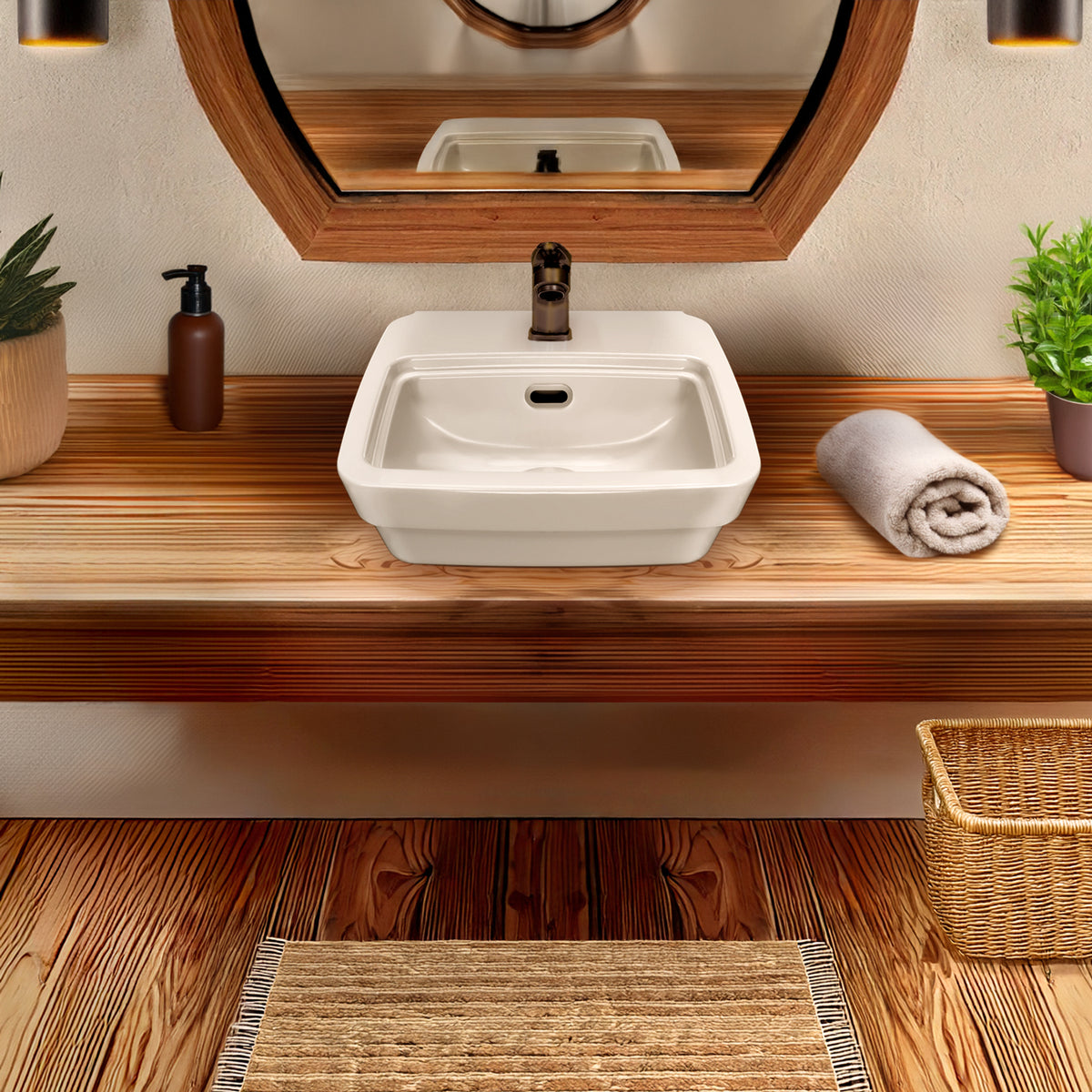 Rectangular Wall Mount Basin with Overflow Control Ledge, Single Faucet Drilling and Overflow