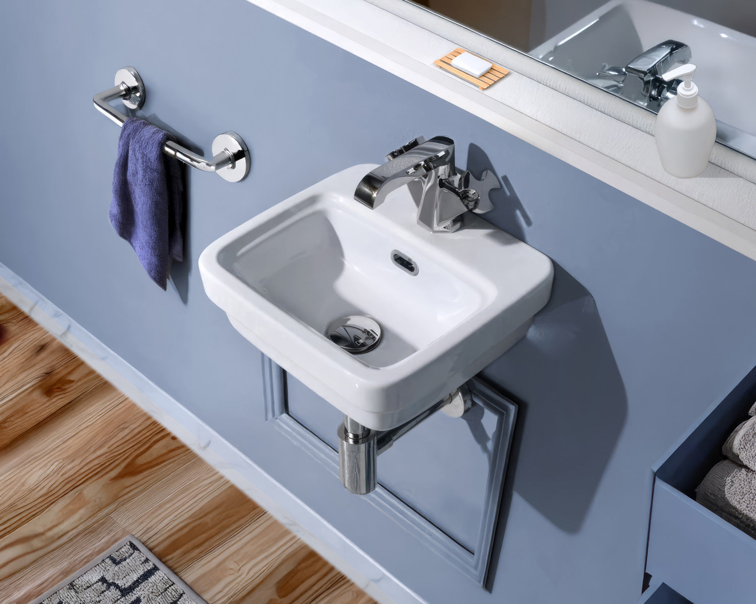 Rectangular Wall Mount Basin with Overflow Control Ledge, Single Faucet Drilling and Overflow