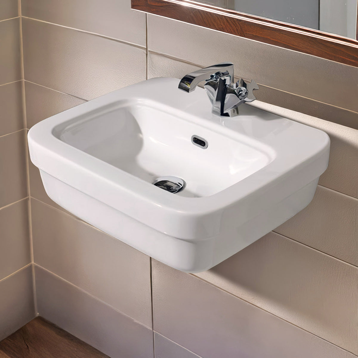 Rectangular Wall Mount Basin with Overflow Control Ledge, Single Faucet Drilling and Overflow