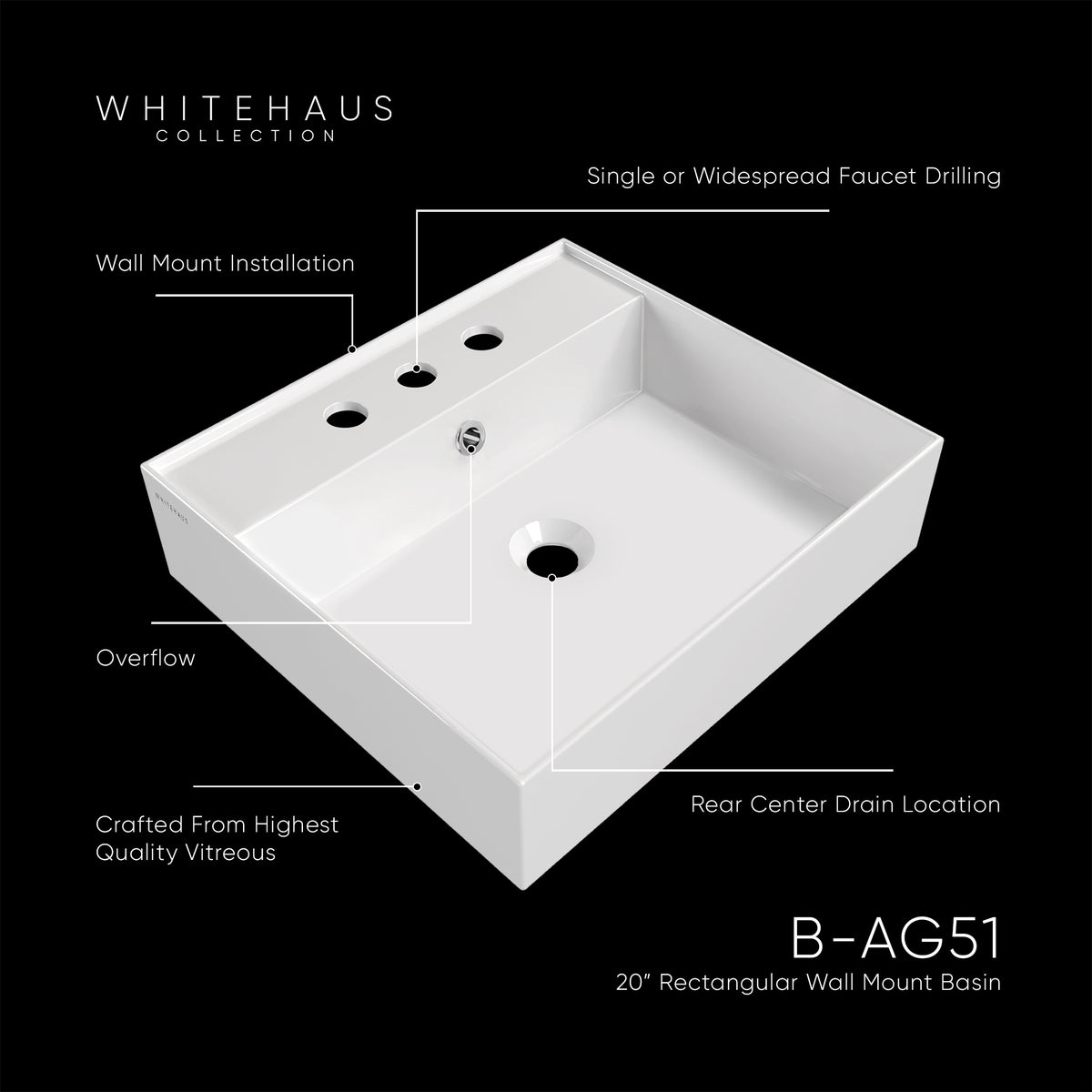 Rectangular Wall Mount Basin with Faucet Drilling Options and Overflow