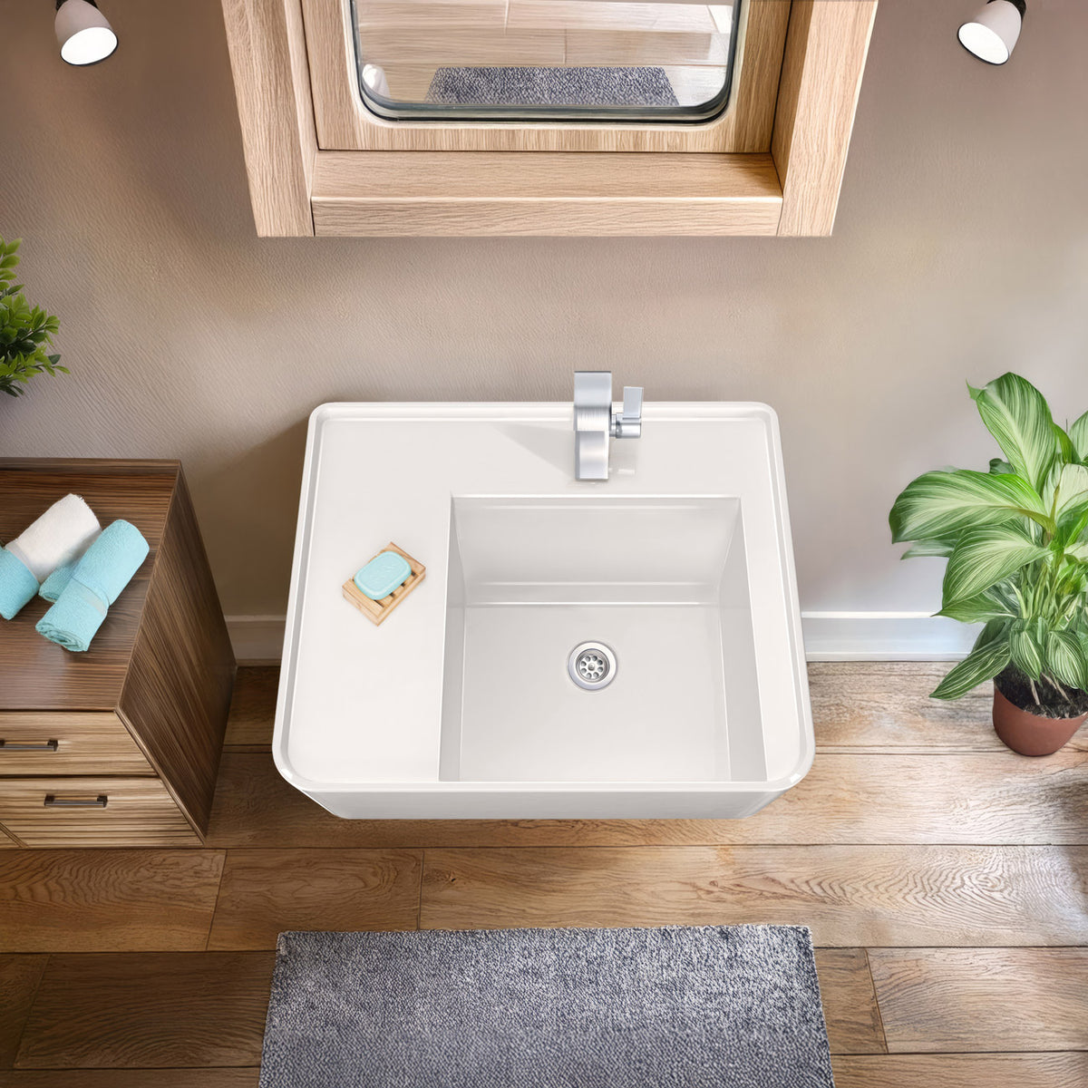 Rectangular Wall Mount Basin with Faucet Drilling Options and Rear Center Drain Location