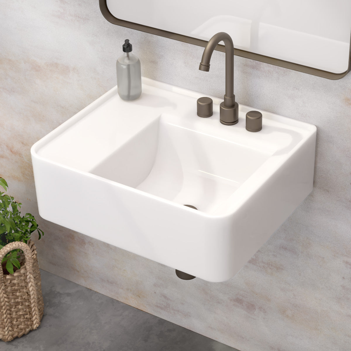 Rectangular Wall Mount Basin with Faucet Drilling Options and Rear Center Drain Location