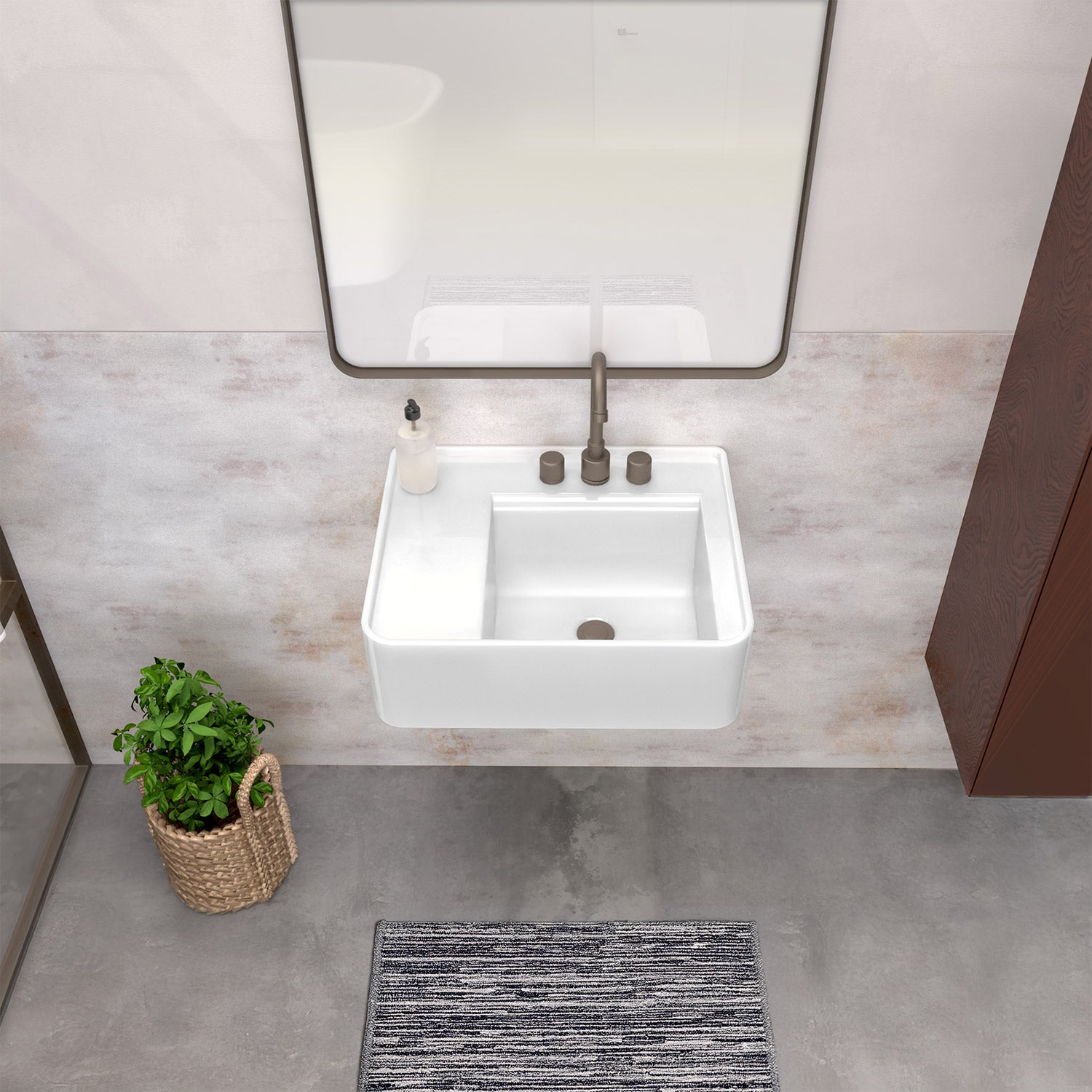 Rectangular Wall Mount Basin with Faucet Drilling Options and Rear Center Drain Location