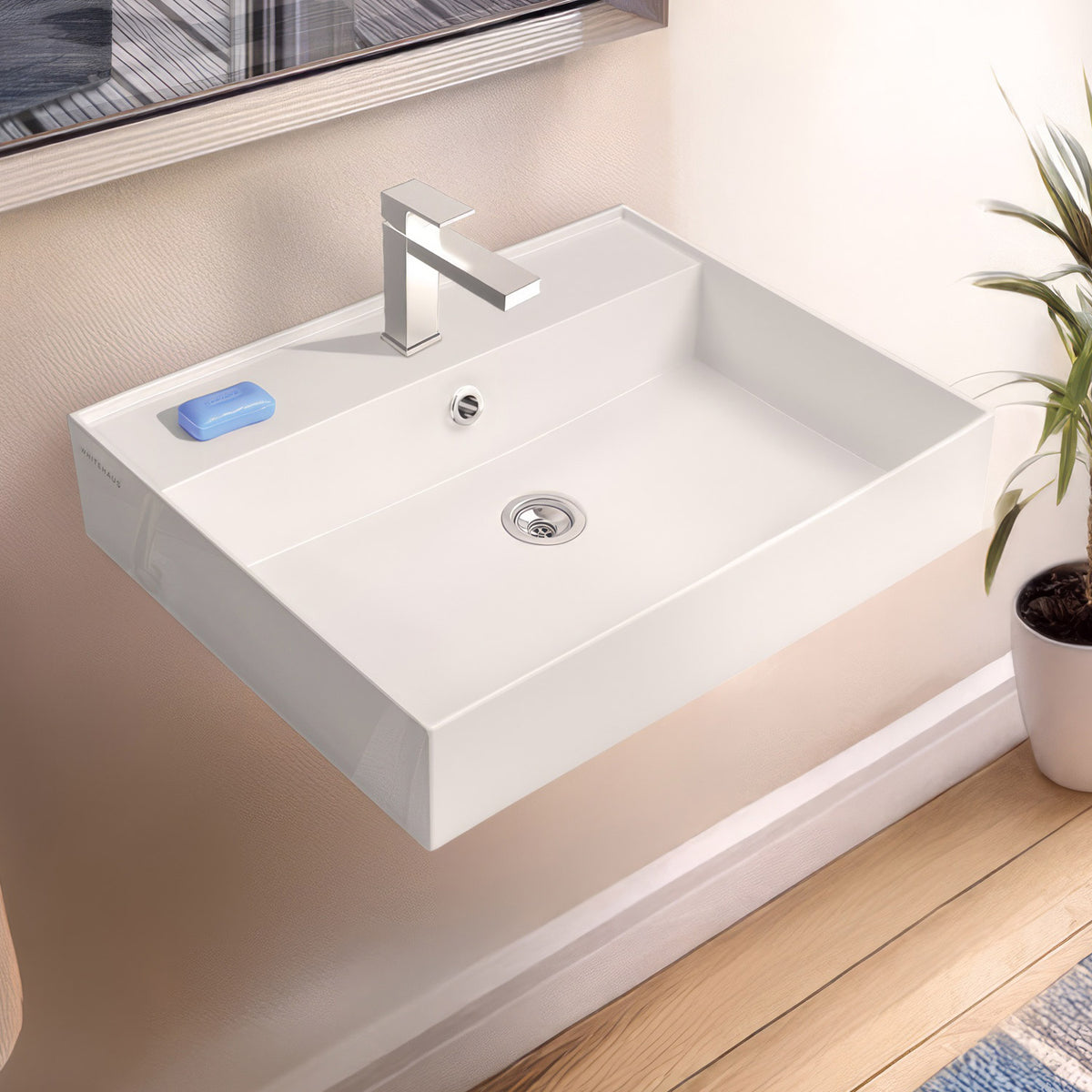 Rectangular Wall Mount Basin with Faucet Drilling Options and Overflow