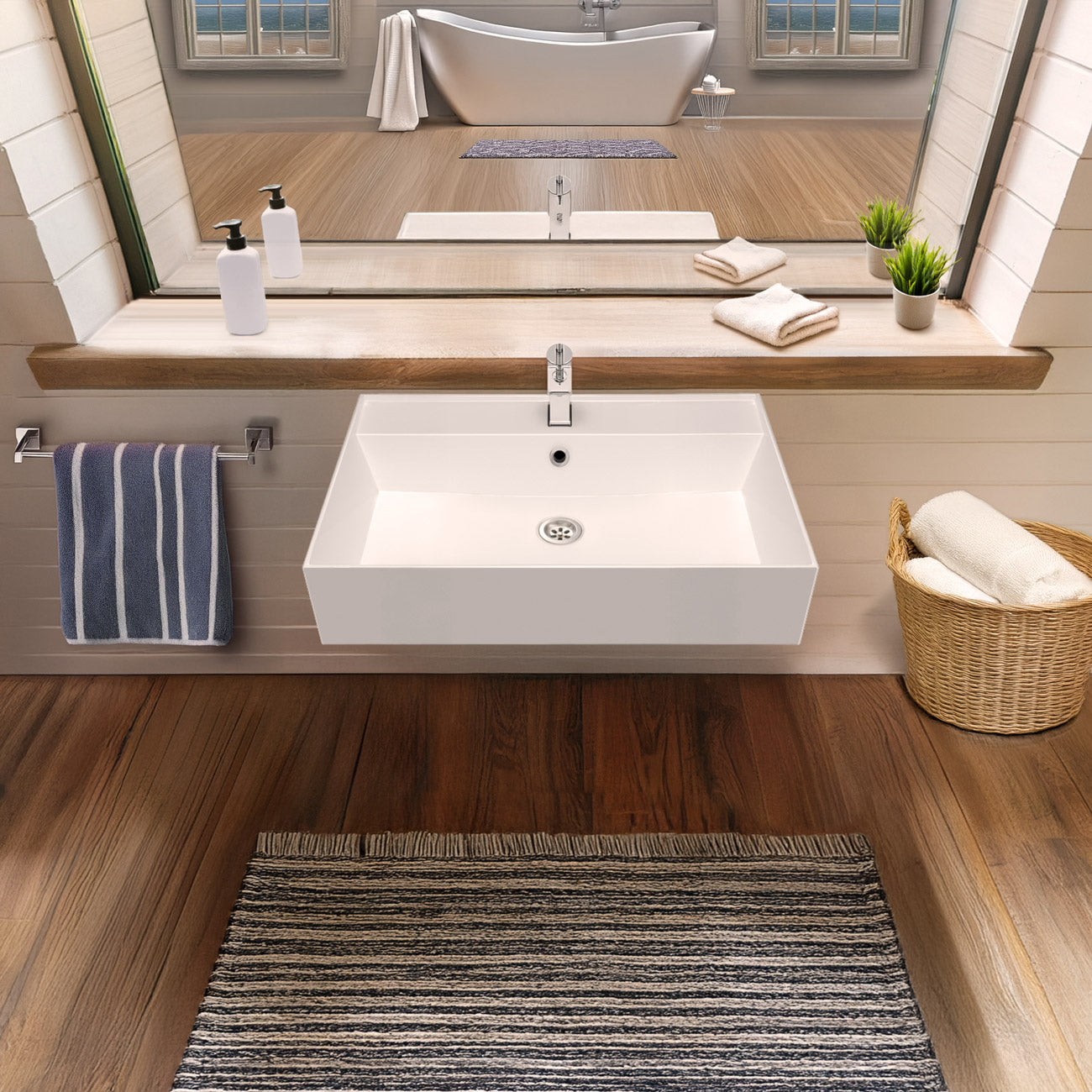 Rectangular Wall Mount Basin with Faucet Drilling Options and Overflow