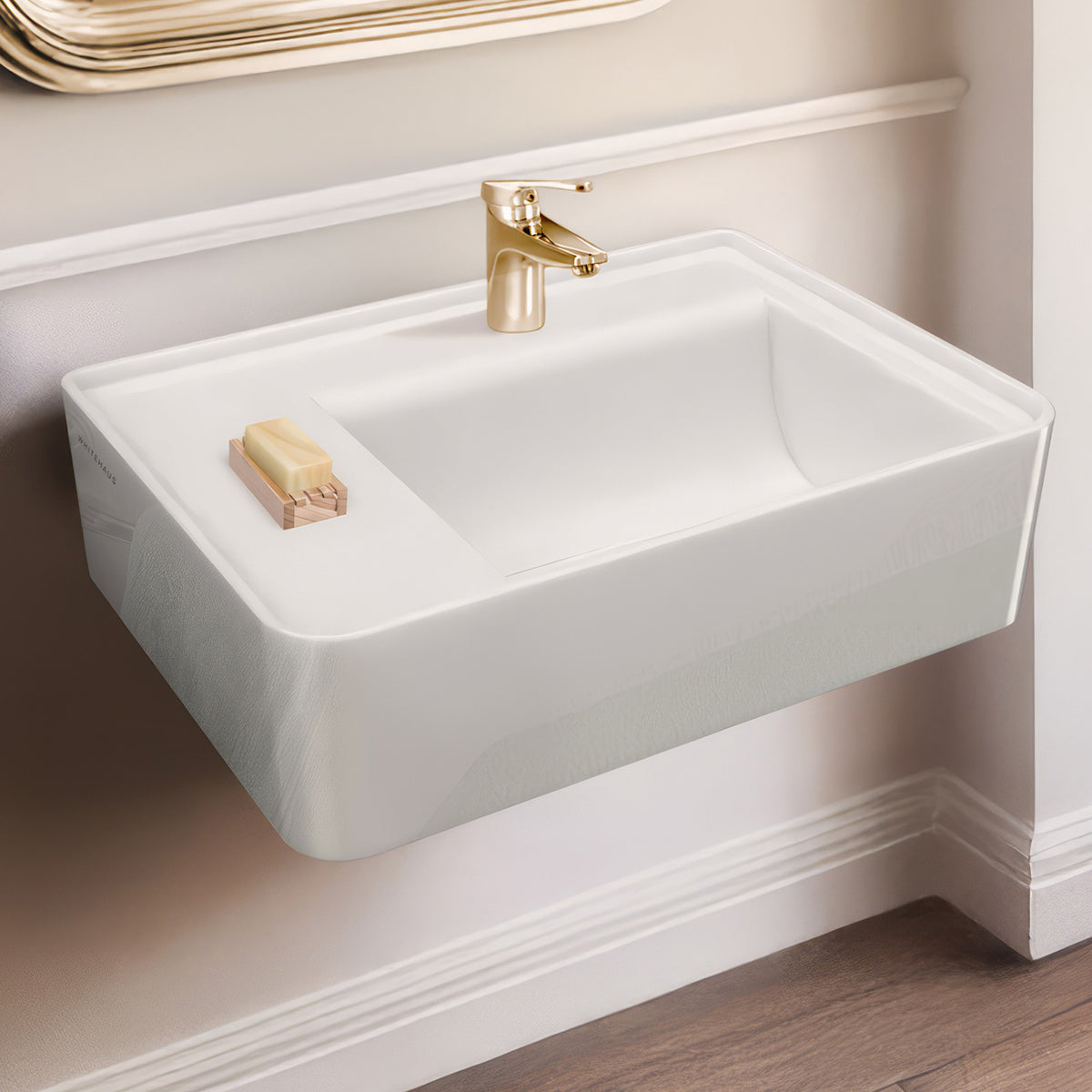 Rectangular Wall Mount Basin with Faucet Drilling Options and Rear Center Drain Location