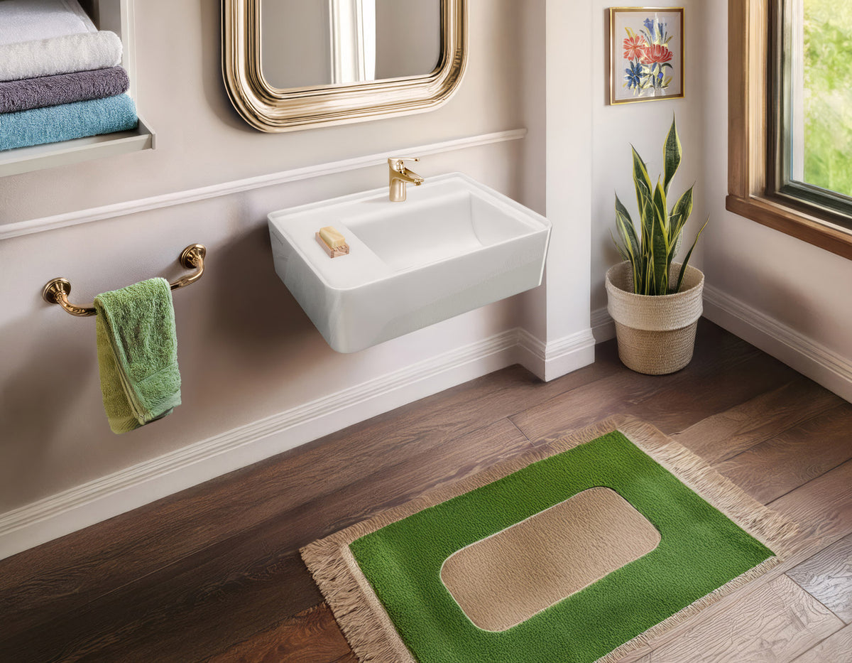 Rectangular Wall Mount Basin with Faucet Drilling Options and Rear Center Drain Location