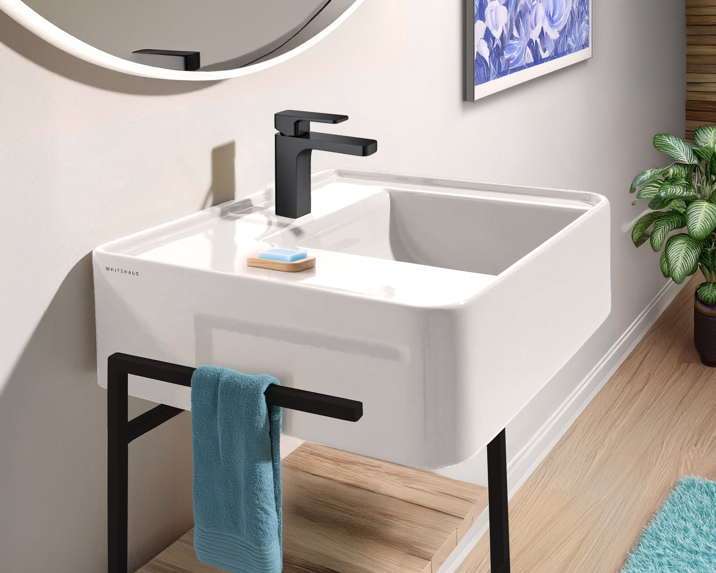 Rectangular Wall Mount Basin with Faucet Drilling Options and Rear Center Drain Location
