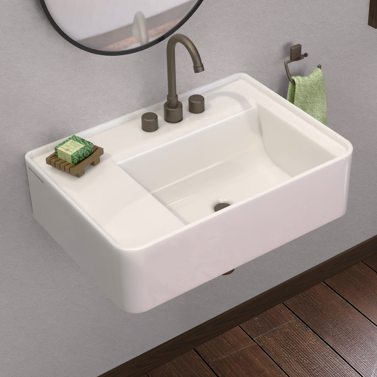 Rectangular Wall Mount Basin with Faucet Drilling Options and Rear Center Drain Location