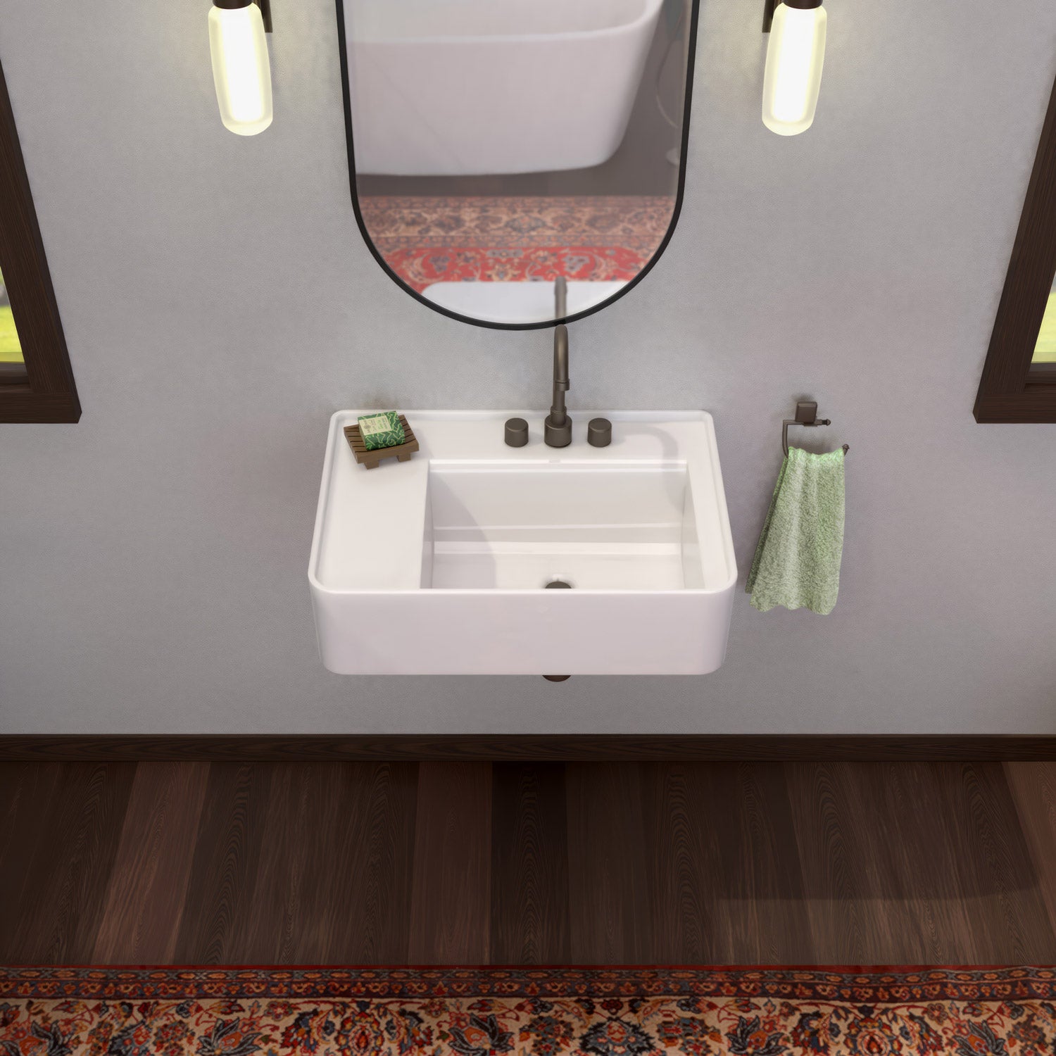 Rectangular Wall Mount Basin with Faucet Drilling Options and Rear Center Drain Location