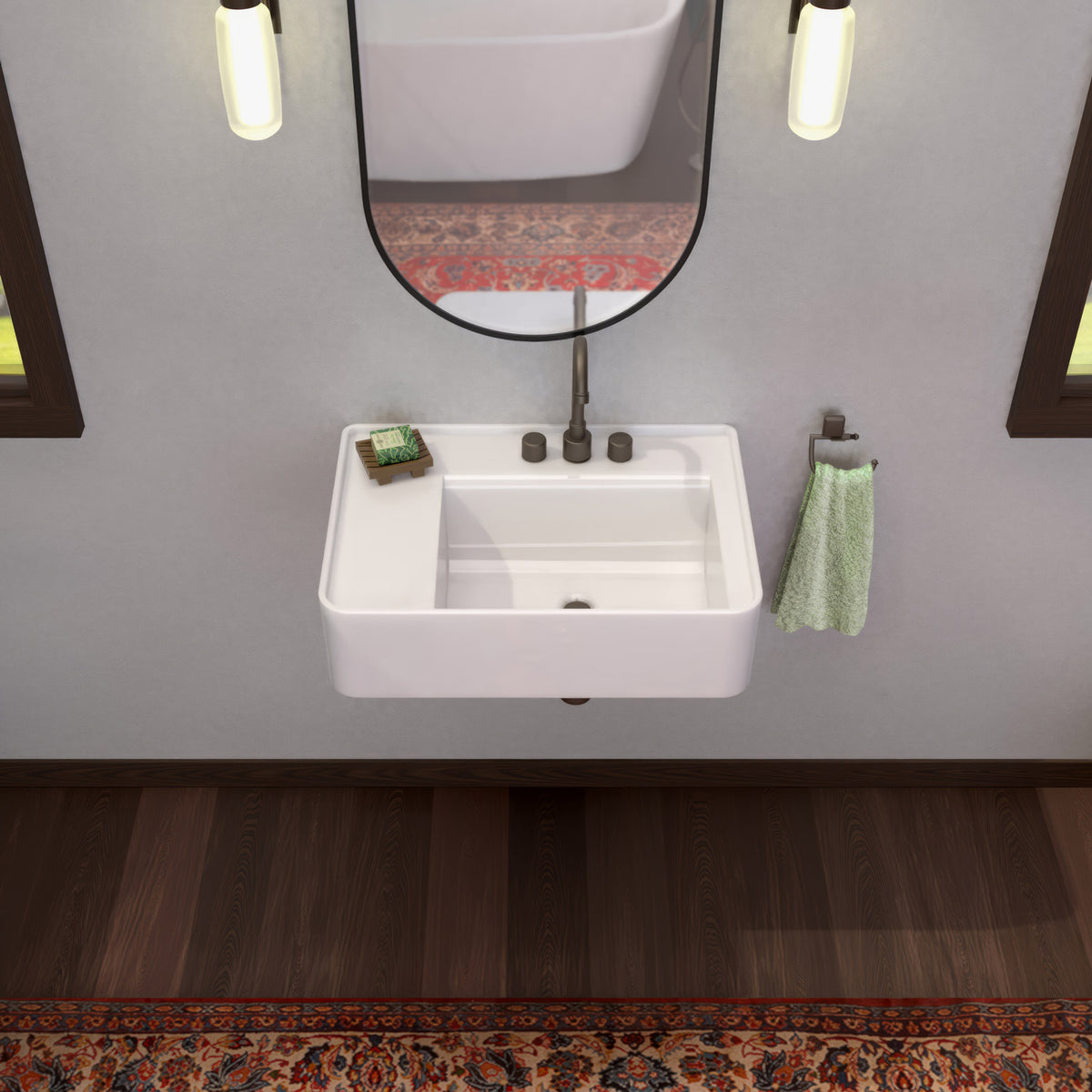 Rectangular Wall Mount Basin with Faucet Drilling Options and Rear Center Drain Location