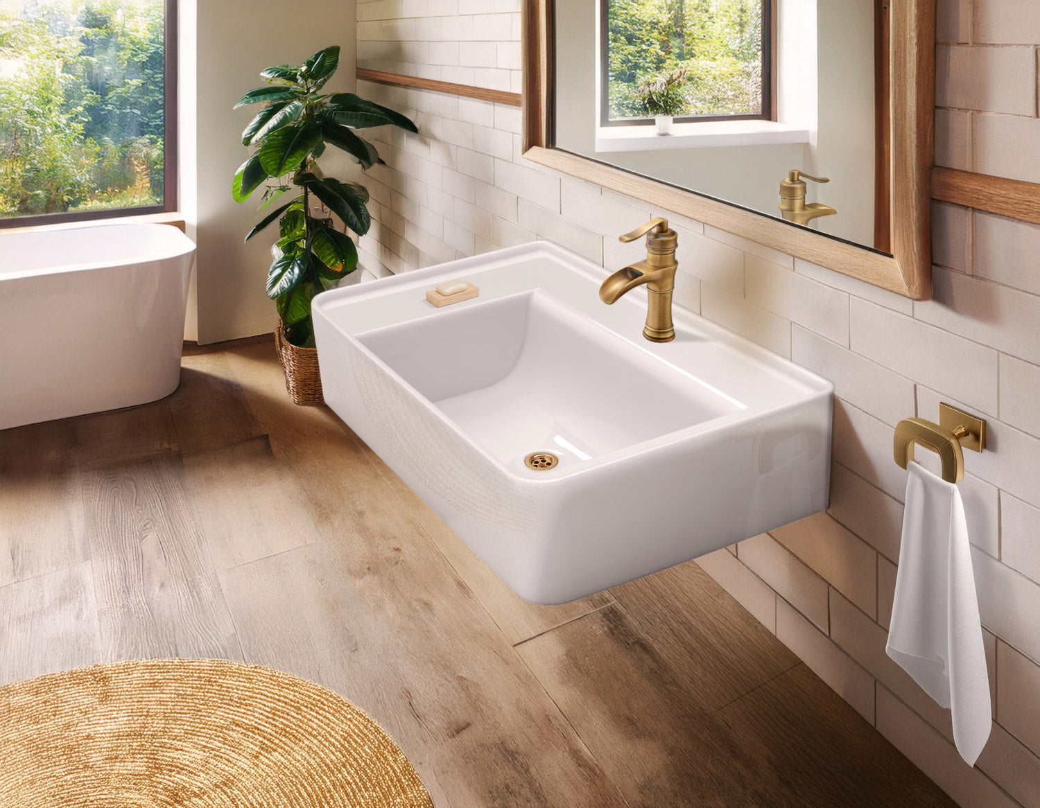 Rectangular Wall Mount Basin with Faucet Drilling Options and Rear Center Drain Location