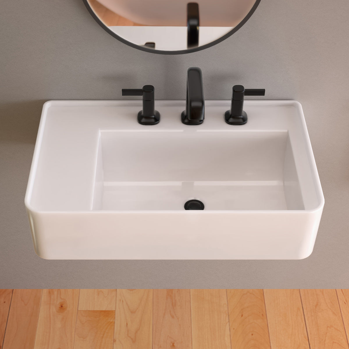 Rectangular Wall Mount Basin with Faucet Drilling Options and Rear Center Drain Location