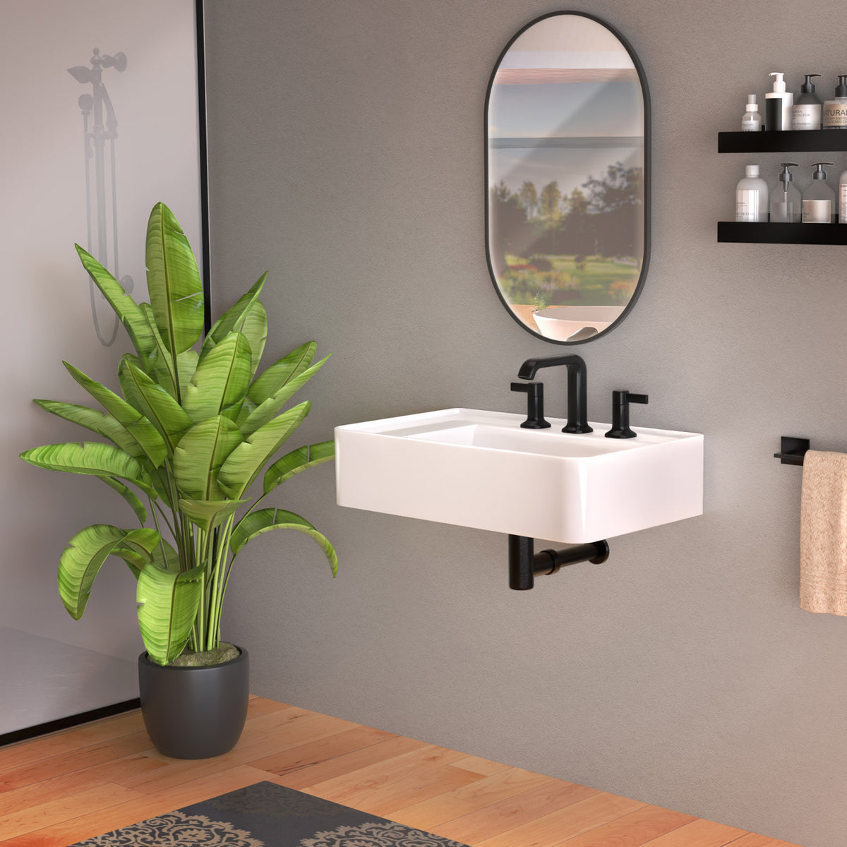Rectangular Wall Mount Basin with Faucet Drilling Options and Rear Center Drain Location